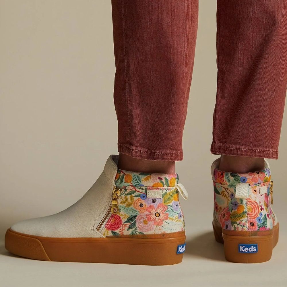 Rifle Paper Co x Keds Cooper Suede Zip Bootie Garden Party SZ 5.5 Tan Floral